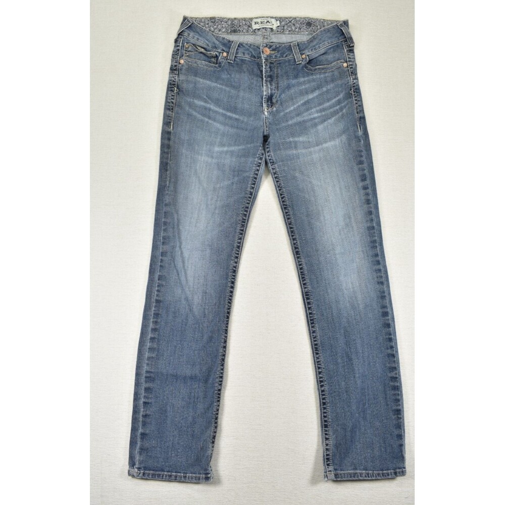 Ariat REAL Denim Jeans Womens Sz 34L Mid Rise Straight Leg Distressed Western
